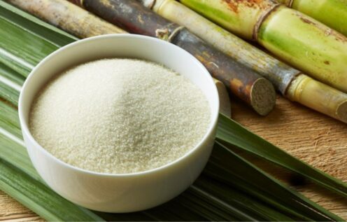 Bowl of white sugar & stick of sugarcane