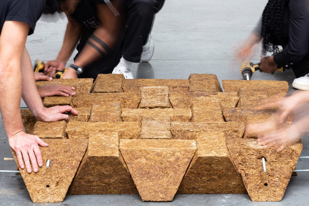 Sugarcrete slab shown as interlocking block as a potential low-carbon alternative to concrete