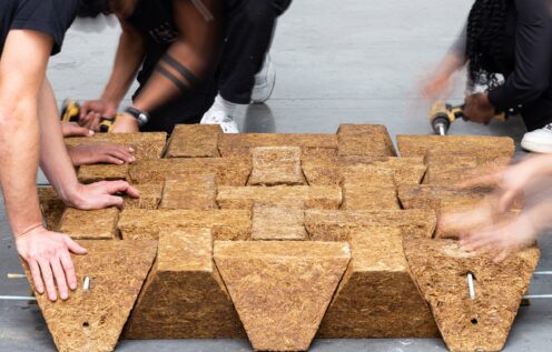 Sugarcrete slab shown as interlocking block as a potential low-carbon alternative to concrete