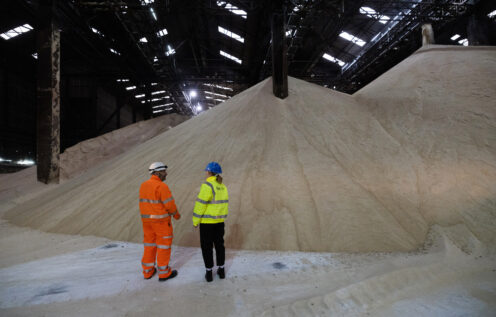 Young person talks to man in hi vis coat about sugar in front of pile of raw sugar