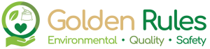 Golden Rules logo is a green circle held by an outstretched hand, containing a leaf, a bag of sugar and a heart. It reads Golden Rules: Environment, Quality, Safety