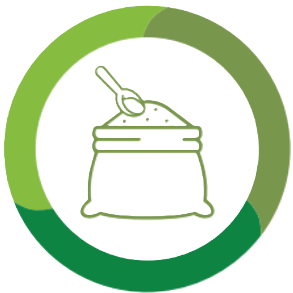 A bag of sugar with a spoon in it, surrounded by a green circle