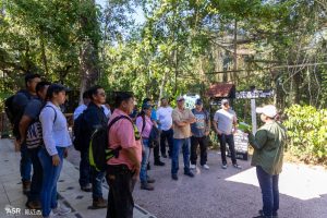 A group stands in a circle, listening to one person present. In the background is green plant life and trees.